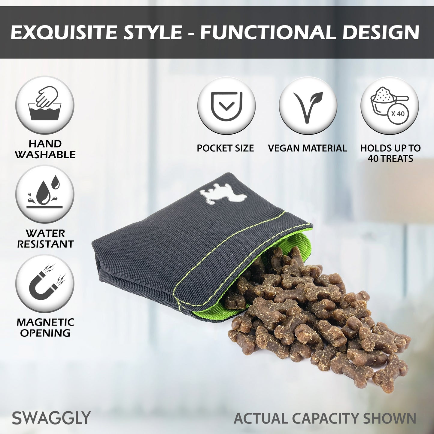 Swaggly Dog Treat Pouch - Treat Pouches For Pet Training - Extra Small - Black with Green Interior