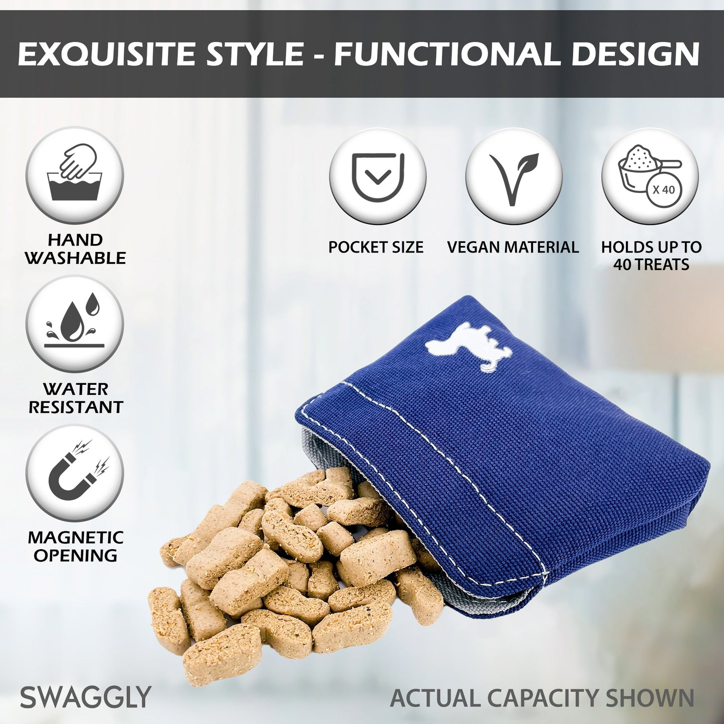 Swaggly Dog Treat Pouch - Treat Pouches For Pet Training - Extra Small - Blue with Gray Interior